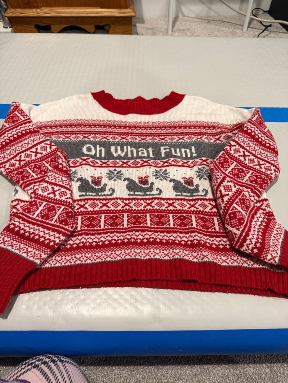 Red & White Holiday Cropped  Knit Sweater with 'Oh What Fun!'